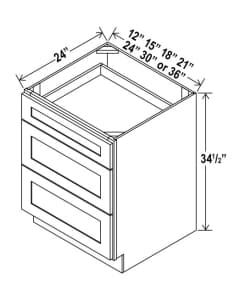Shaker White - Drawer Base Cabinet - 12"W X 24"D X 34-1/2"H With 3 Drawer