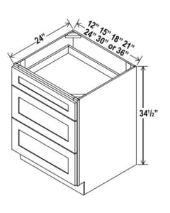 Floral White - Three Drawer Base Cabinets - 12"W X 34.5"H X 24"D - Cabinet Has Three Drawers.