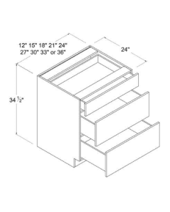 Matte Ivory - Drawer Base Cabinet - 12"W X 34 1/2"H X 24"D - 3 Drawers