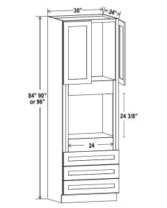 Shaker White - Oven Pantry - 30"W X 84"H X 24"D - Opening 24"W X 24-3/8"H. Two Door, One Large Open Shelf, Three Bottom Drawers. Note: Drawers May Be Removed To Accommodate Double Ovens.