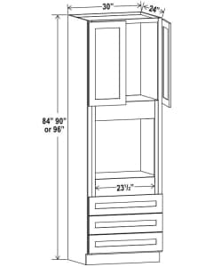 Shaker Gray - Oven Pantry - 30"W X 84"H X 24"D - Opening 24"W X 24-3/8"H. Two Door, One Large Open Shelf, Three Bottom Drawers. Note: Drawers May Be Removed To Accommodate Double Ovens.