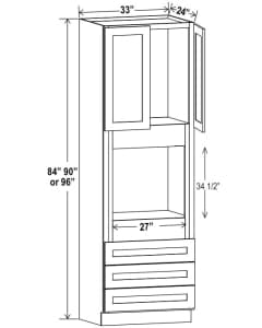 Shaker Espresso - Oven Pantry - 33"W X 84"H X 24"D - Opening 24"W X 24-3/8"H. Two Door, One Large Open Shelf, Three Bottom Drawers. Note: Drawers May Be Removed To Accommodate Double Ovens.