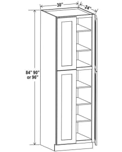 Shaker White - Utility Pantry - 30"W X 24"D X 84"H. Two Adjustable Top Shelves, Three Bottom Shelves. Note: Roll Out Shelf Kits Available.