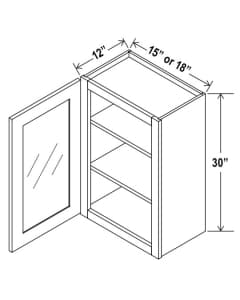 Shaker Gray - Wall Glass Door Cabinet With Finished Interior - 15"W X 30"H X 12"D-1D-2S *Clear Glass Included