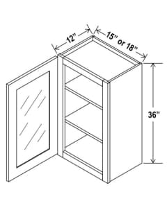 Shaker Gray - Wall Glass Door Cabinet With Finished Interior - 15"W X 36"H X 12"D-1D-2S *Clear Glass Included