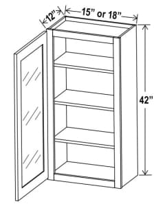 Shaker Gray - Wall Glass Door Cabinet With Finished Interior - 15"W X 42"H X 12"D-1D-3S *Clear Glass Included