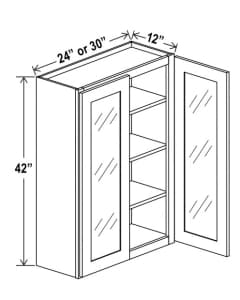 Shaker White - Wall cabinet Double Glass door - 24"W X 42"H X 12"D-2D-3S *Clear Glass Included